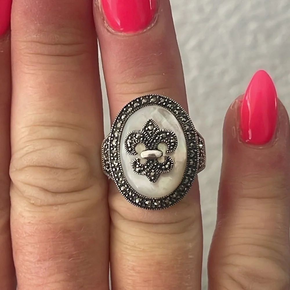Dallas Prince Mother of Pearl Marcasite Fleur De Lis Statement Ring